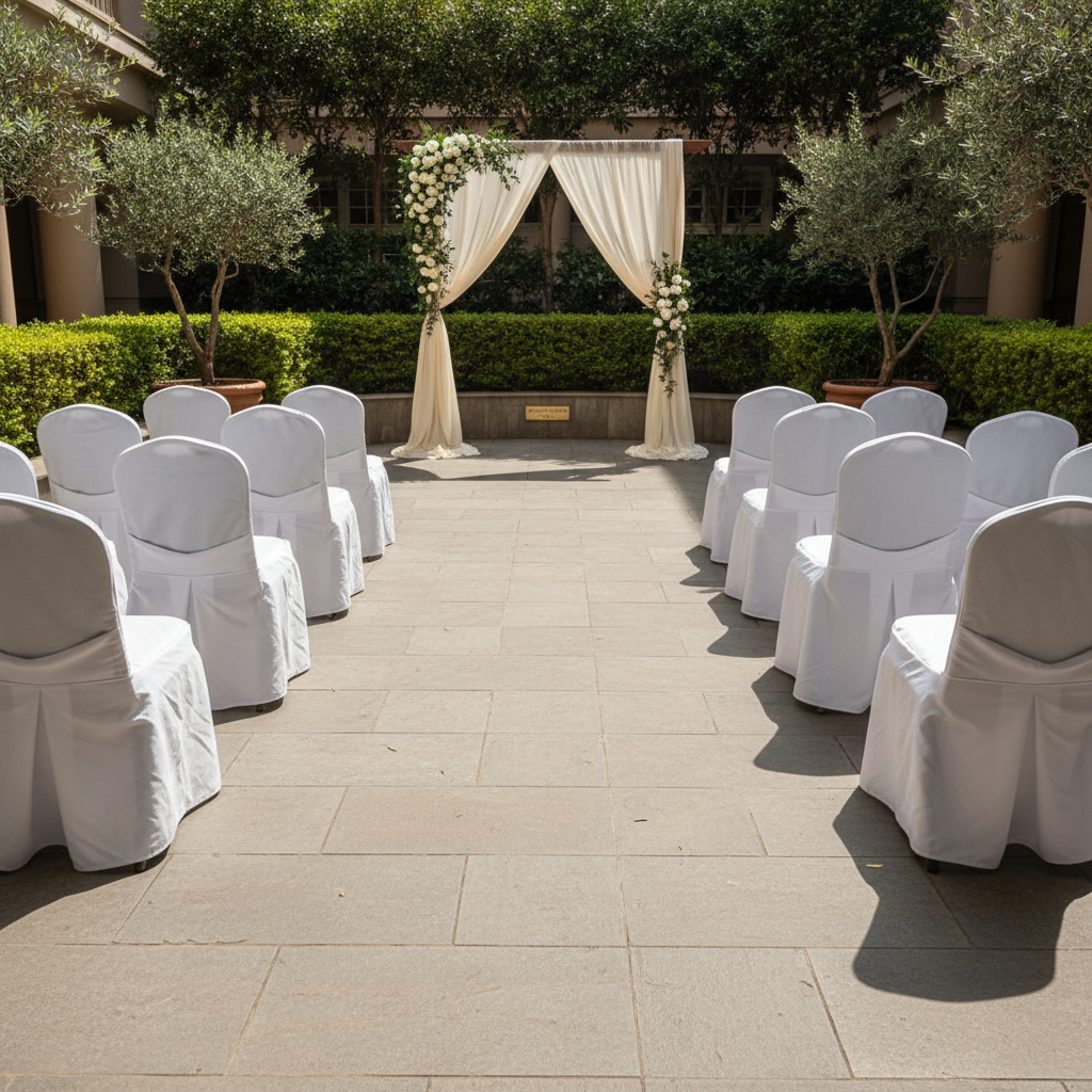 A tastefully staged wedding ceremony setup in a modern hotel courtyard with carefully manicured greenery and a neutral stone-tiled floor. Rows of satin-draped chairs are symmetrically aligned, leading to a minimalist wooden arch adorned with creamy fabric and fresh white florals. Ambient natural daylight creates a soft, serene glow and delicate shadows across the seating. The overall mood is elegant and celebratory, yet understated. Captured from a low, central aisle perspective with deep focus, structured composition, and a clean, professional photographic style that highlights Ampomaah Hotel’s capacity for stylish event hosting.
