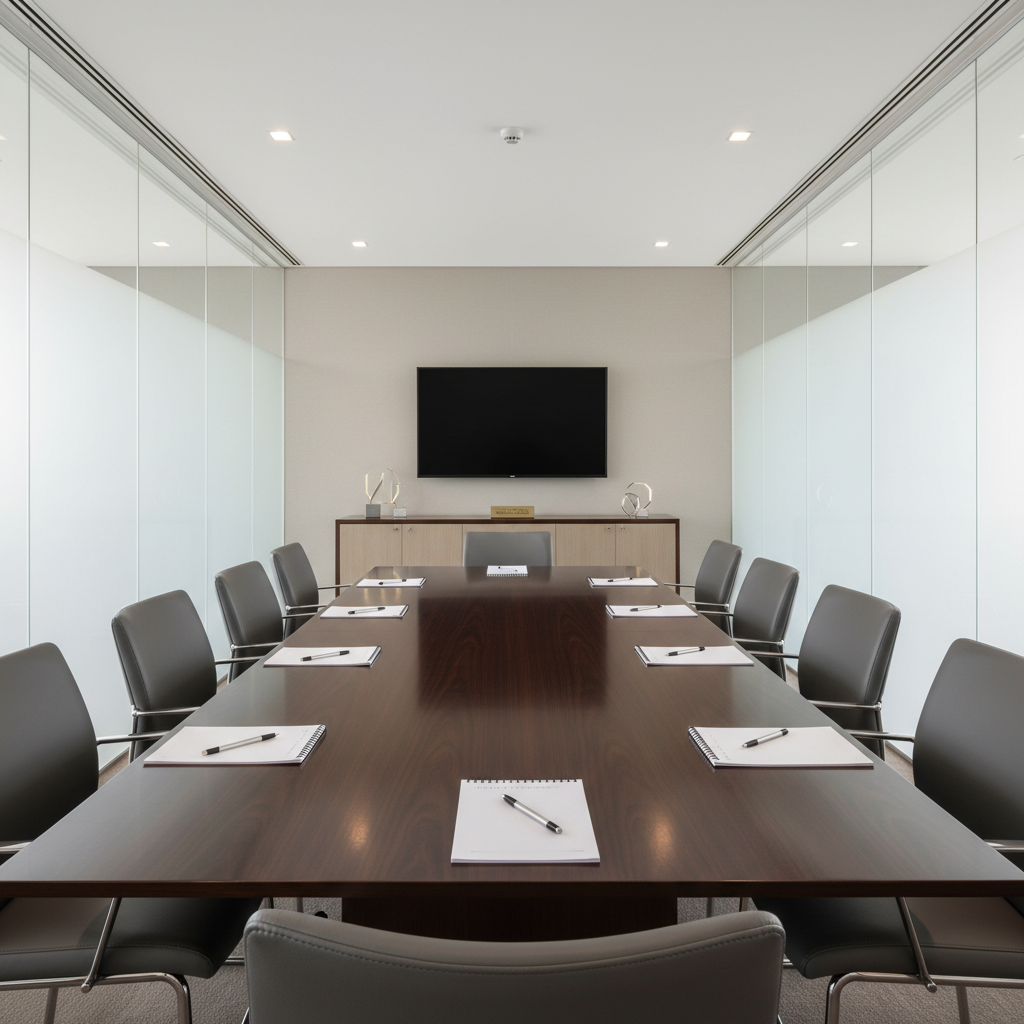 A sophisticated conference room featuring a polished, rectangular dark wood table surrounded by modern leather chairs, each arranged with a notepad and pen. Floor-to-ceiling frosted glass windows line one wall, providing privacy while letting in diffused daylight that creates an even, neutral-toned illumination. In the background, a minimalist credenza and a discreetly mounted flat screen display. The mood is focused and trustworthy, ideal for professional gatherings. Captured from a slightly elevated angle with centered framing and a structured, corporate feel in photographic style, supporting Ampomaah Hotel’s capability for business events.