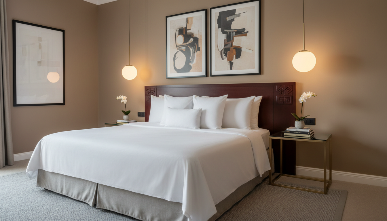 A meticulously made king-sized bed with crisp white linens, neatly stacked plush pillows, and a deep mahogany headboard with subtle African-inspired carvings. The bed is centrally positioned in a contemporary guest room with matte taupe walls, abstract art hanging above, and a sleek glass-top side table. Warm pendant lighting softly illuminates the space, creating gentle highlights on the linens and subtle shadows along the walls. The atmosphere feels calm, welcoming, and professional. Photographed from an eye-level, wide-angle perspective with balanced composition and sharp focus, embodying photographic realism and a clean, modern aesthetic. Ideal for showcasing luxury accommodations in a reputable Ghanaian hotel.