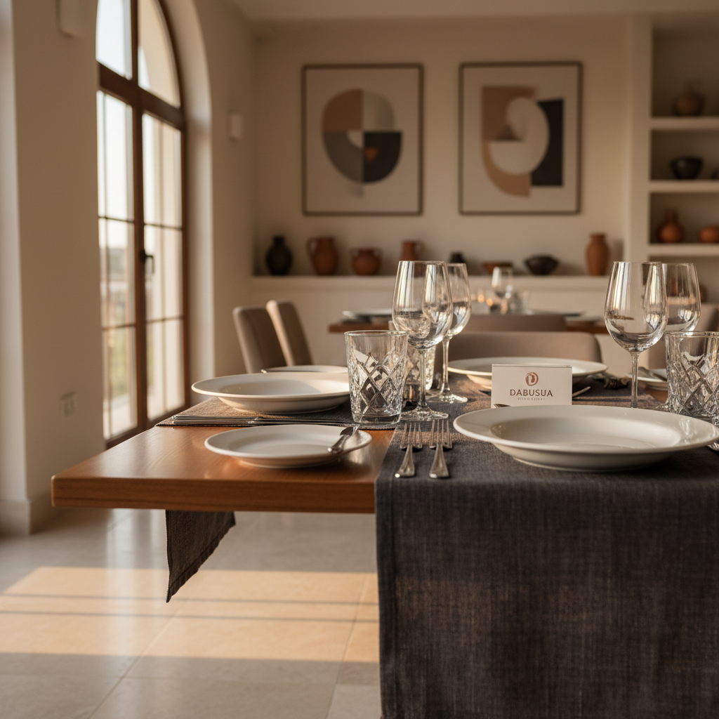 An elegant restaurant table set with fine white china, crystal water glasses, silver cutlery, and a dark linen runner atop a warm wood surface. The table sits near an arched window that lets in late afternoon golden sunlight, casting soft highlights over the table settings and subtle shadows on the floor. The background shows a clean, neutral dining area with geometric wall art and decorative pottery, all contributing to a warm, inviting, and refined atmosphere. The composition uses the rule of thirds with a shallow depth of field, placing emphasis on the table setup in a professional, photographic realism style—perfect for presenting the premium dining experience at Dabusua Restaurant.